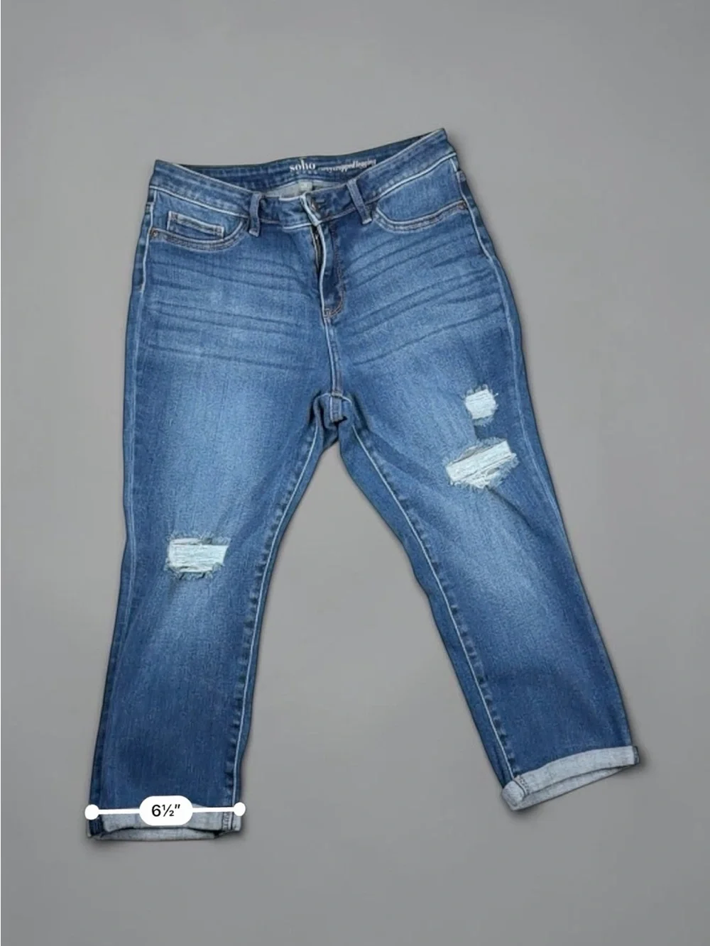 SOHO New York & Company Curvy Cropped Jeans Size 12 Distressed Stretch Denim